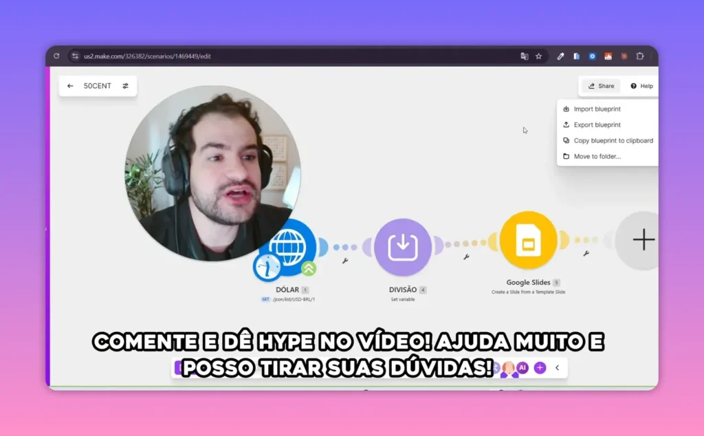 Cen&aacute;rio do Make com m&oacute;dulos conectados e menu de op&ccedil;&otilde;es aberto