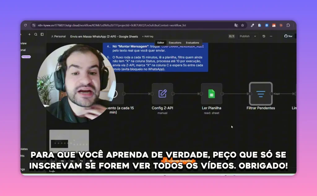 Editor do n8n mostrando workflow com v&aacute;rios n&oacute;s conectados em sequ&ecirc;ncia