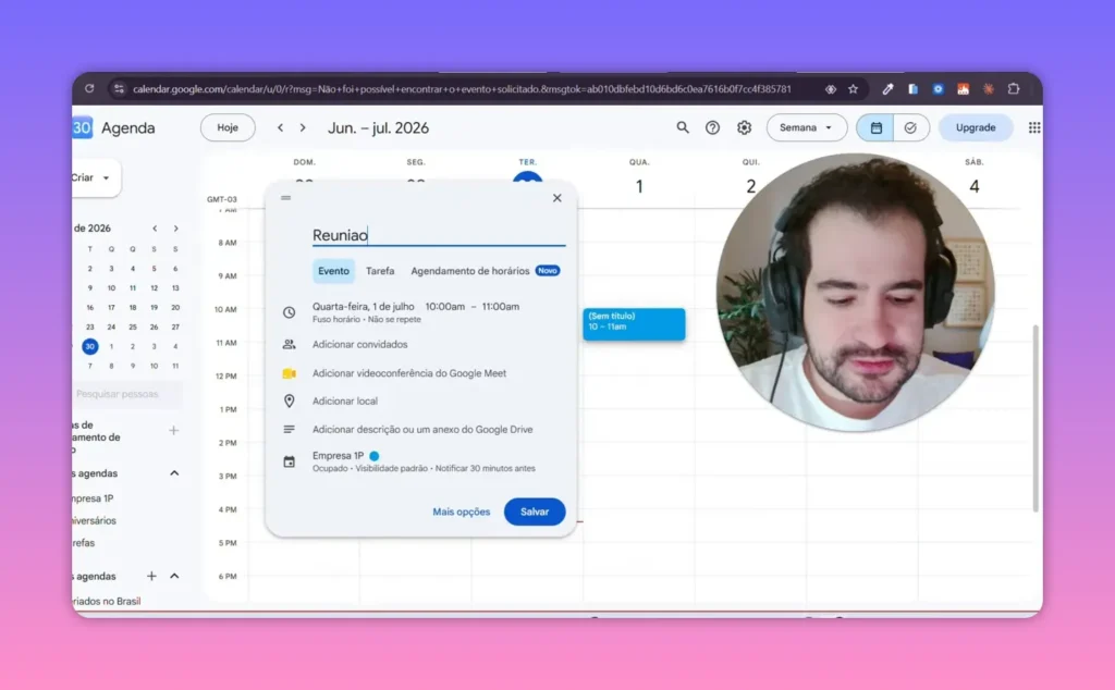 dashboard com eventos e lista de agenda em interface clara