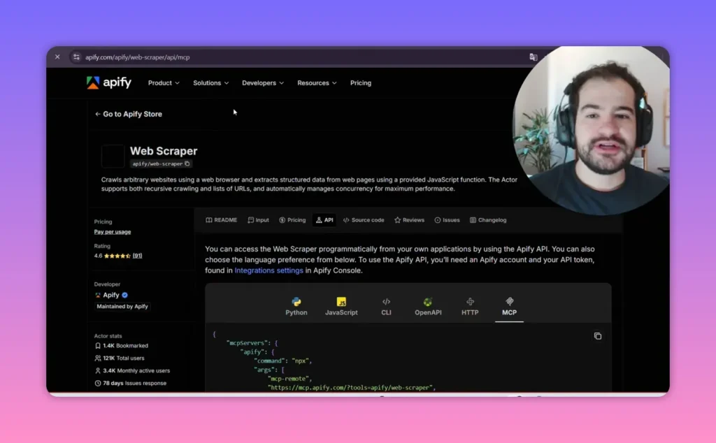 P&aacute;gina do Apify Web Scraper com documenta&ccedil;&atilde;o e &aacute;rea de configura&ccedil;&atilde;o do MCP