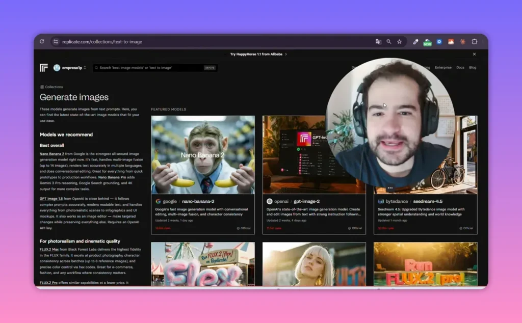 Galeria do Replicate com modelos e exemplos de gera&ccedil;&atilde;o de imagem