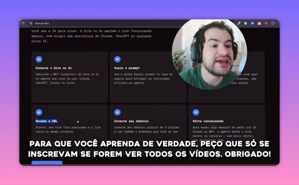 Biblioteca de prompts do Site no Ar com cartões de tipos de site