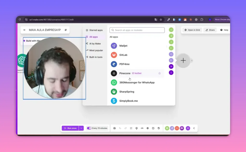 Menu do Make exibindo lista de aplicativos e integra&ccedil;&otilde;es dispon&iacute;veis