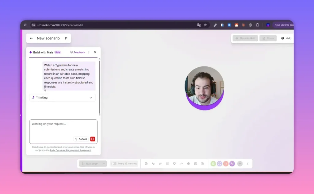 Editor do Make com painel lateral da Maia e cen&aacute;rio em constru&ccedil;&atilde;o