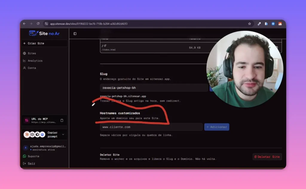 Painel do Site no Ar com área de domínio personalizado destacada