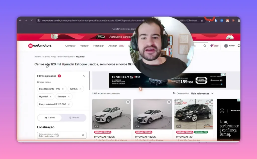 Página de busca de carros com filtros aplicados e anúncios de veículos