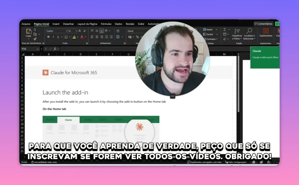 Planilha do Excel aberta com painel lateral do Claude para analisar dados