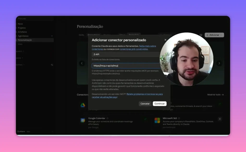 Formul&aacute;rio de conector personalizado do Claude com nome e endere&ccedil;o do servidor preenchidos