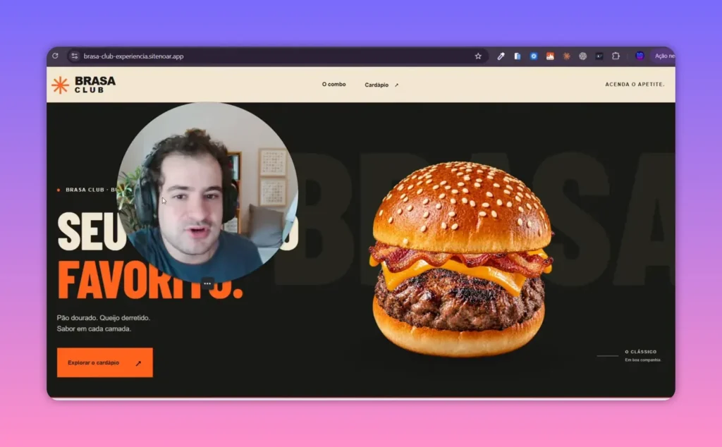 Página de hamburgueria com fundo escuro, imagem grande de hambúrguer e botão laranja