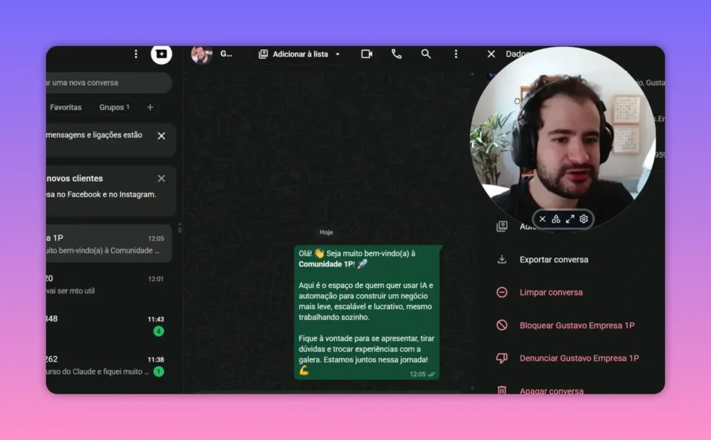 Conversa no WhatsApp com mensagem verde de boas-vindas &agrave; Comunidade 1P