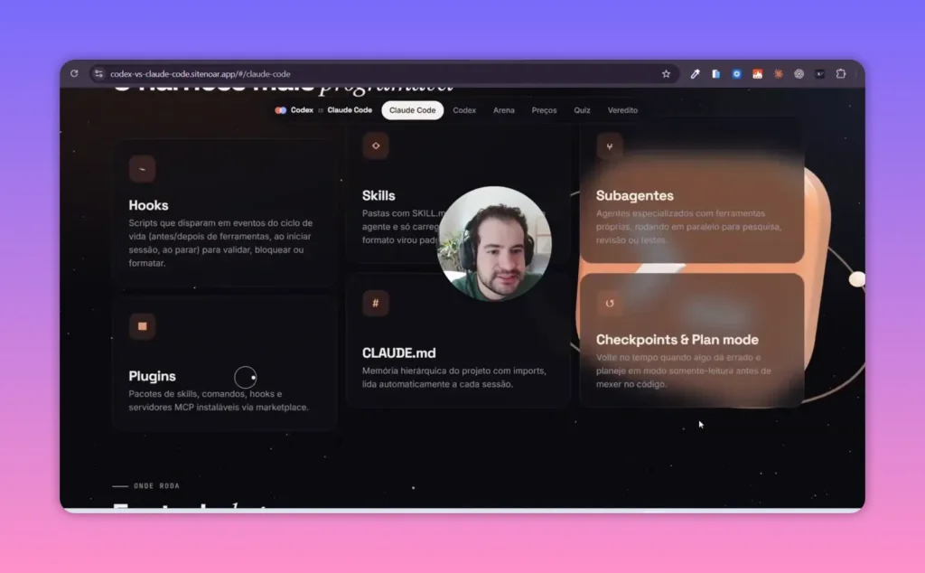 P&aacute;gina do Claude Code com cart&otilde;es de Hooks, Skills, Subagentes, Plugins, CLAUDE.md e Checkpoints e Plan mode