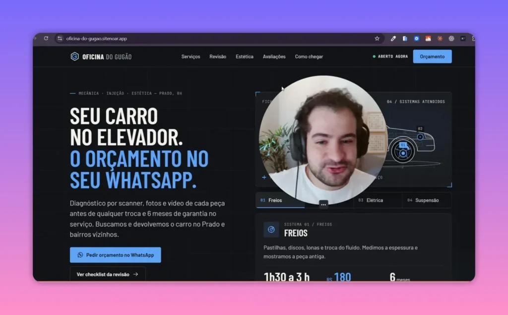 Site de oficina automotiva com detalhes azuis e chamada para or&ccedil;amento no WhatsApp