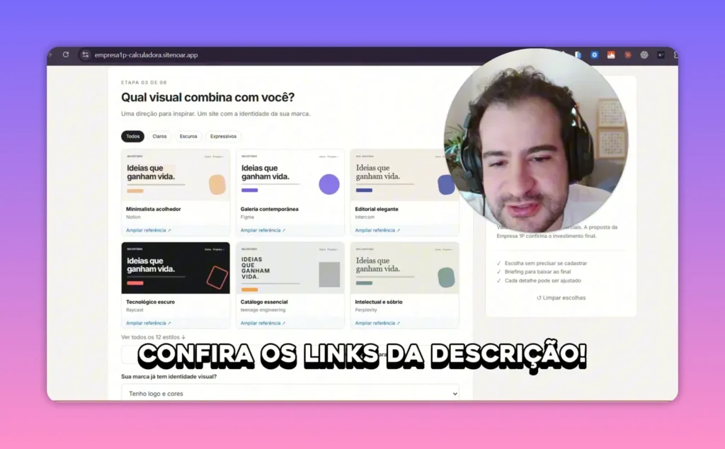 Calculadora de or&ccedil;amento com cart&otilde;es de estilos visuais e resumo lateral