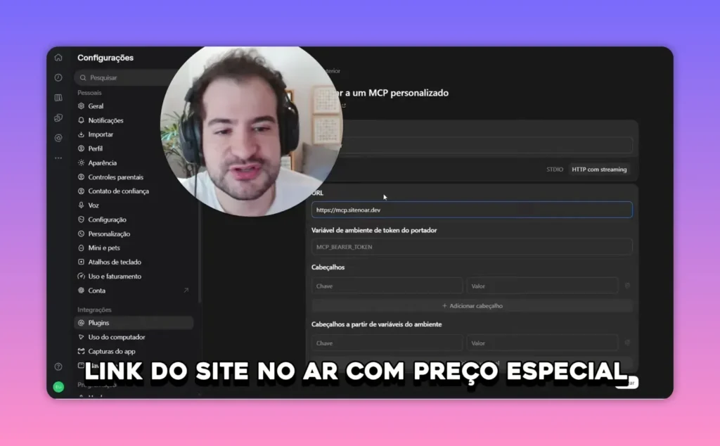 Tela de configura&ccedil;&atilde;o de servidor MCP com campos de conex&atilde;o